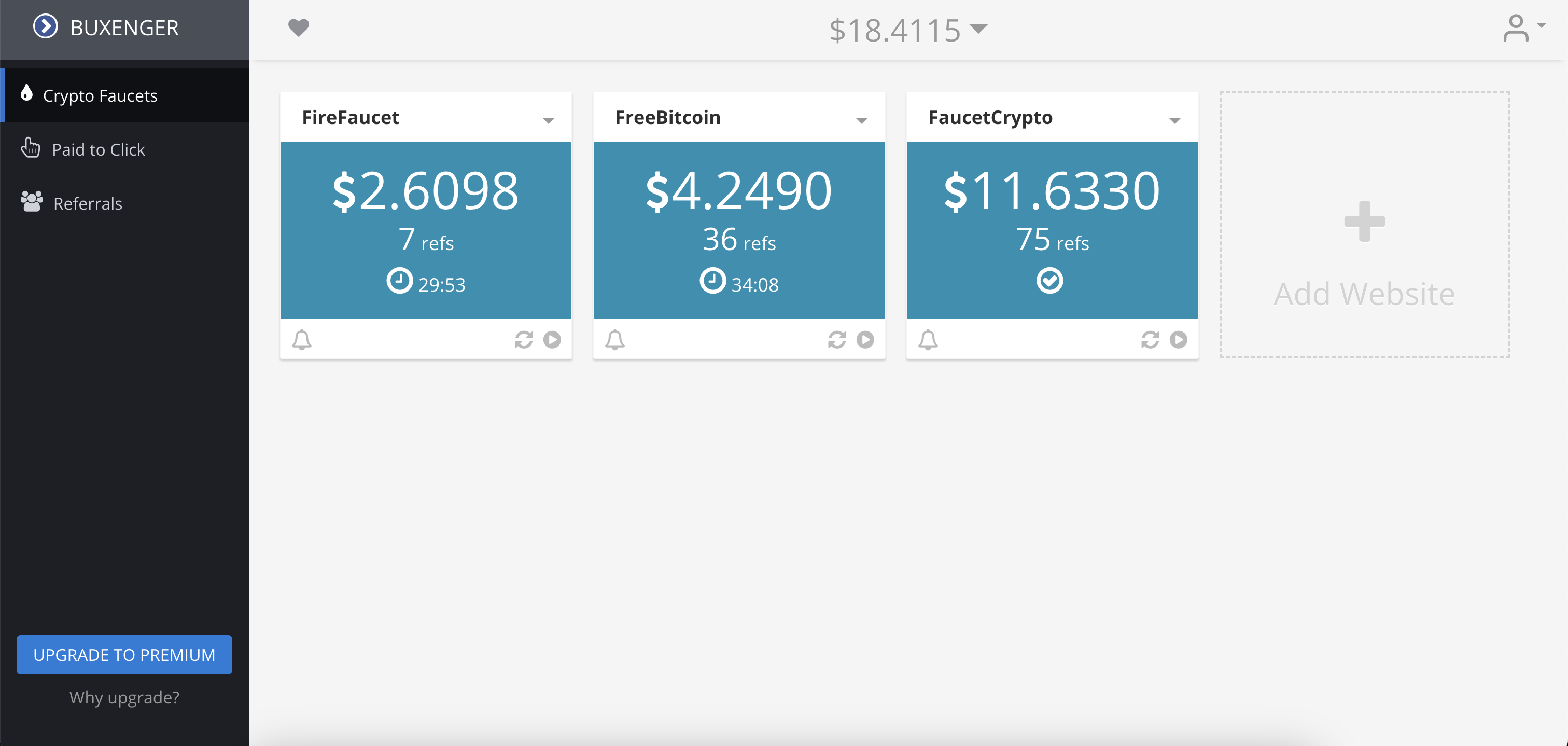 Screenshot: Buxenger dashboard with FaucetCrypto balance