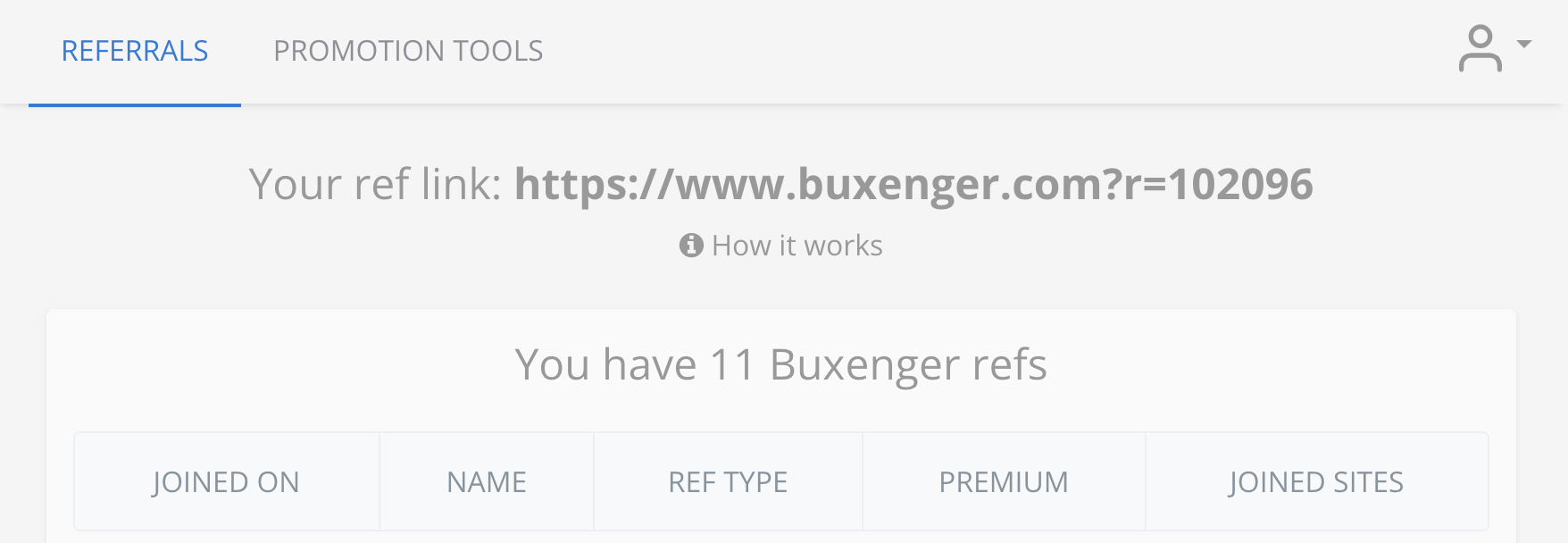 Screenshot: Buxenger Referrals Dashboard